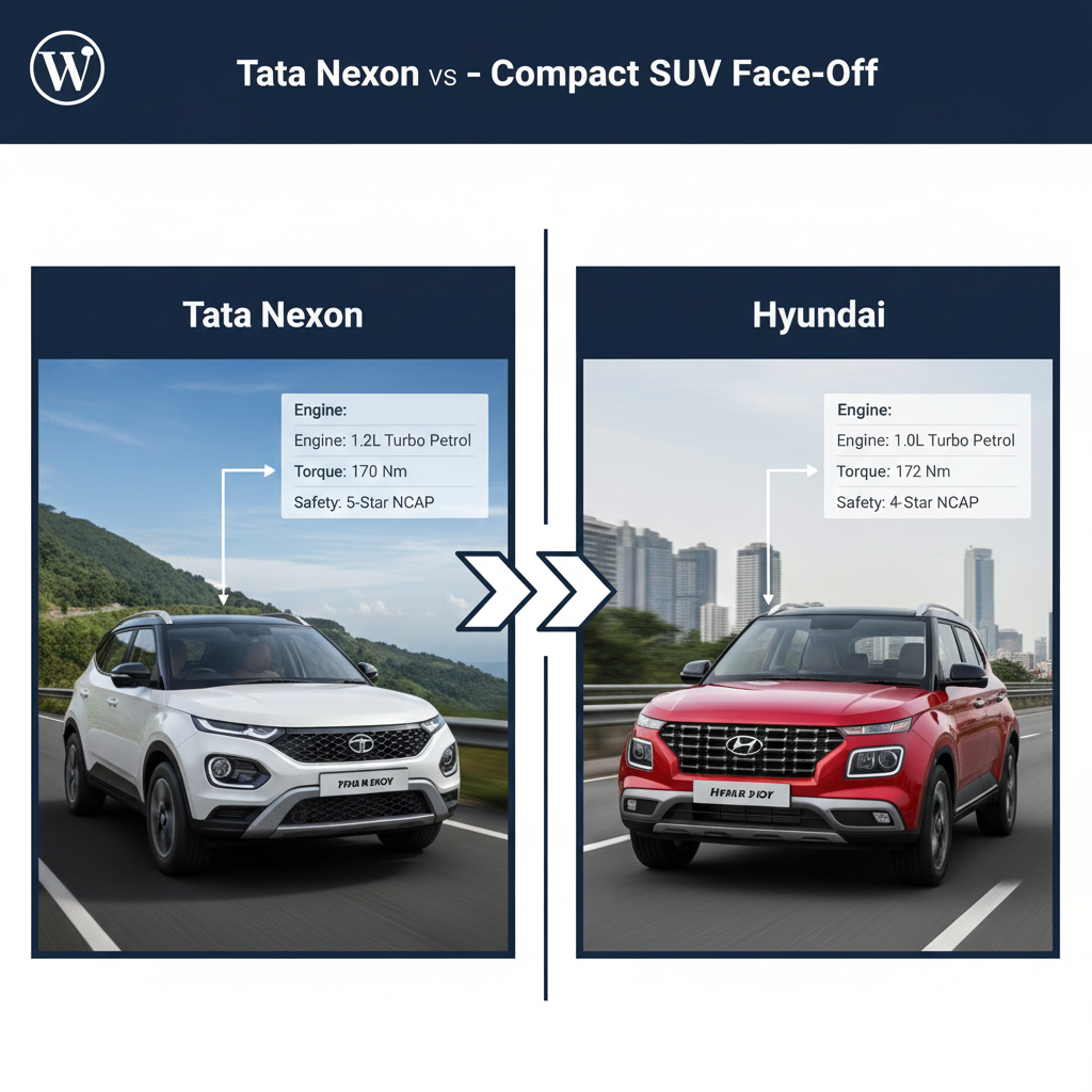 Tata Nexon and Hyundai Venue side-by-side showing exterior design comparison in a compact SUV face-off.