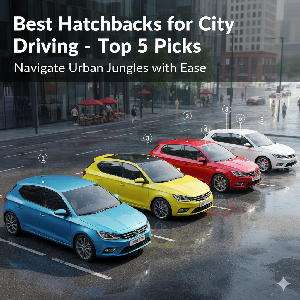 Hatchback car driving in city traffic, representing compact and fuel-efficient cars suitable for daily urban commuting.