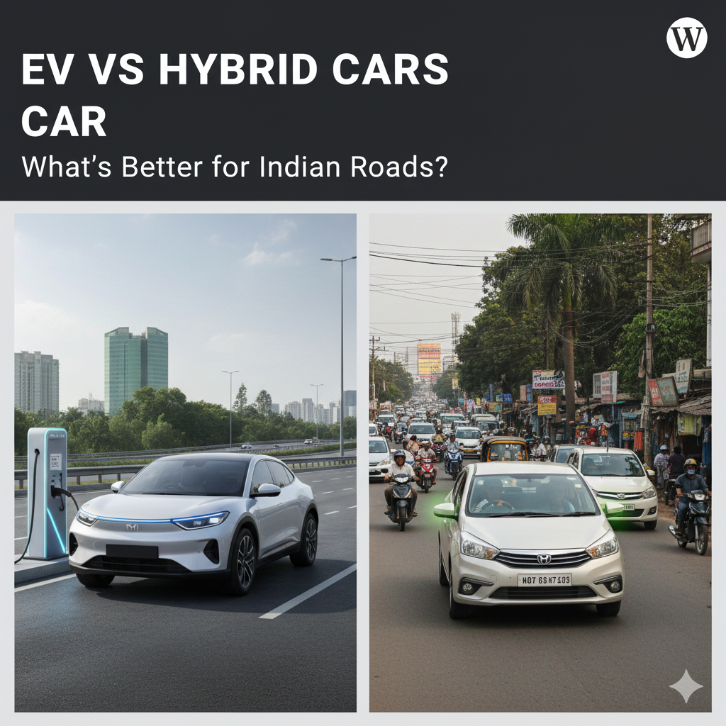 Electric vehicle charging and hybrid car driving on a highway showing EV vs hybrid comparison.