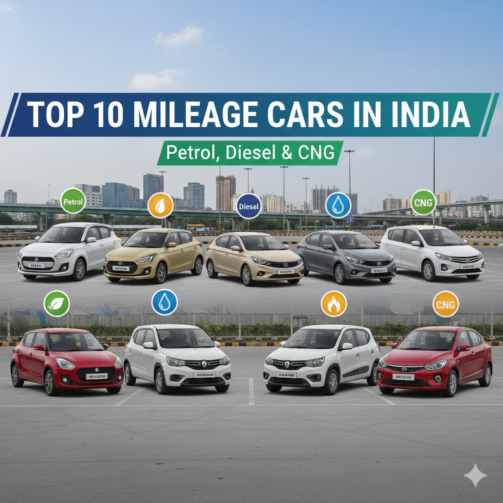 Top mileage cars in India 2026 showing petrol, diesel and CNG models with high fuel efficiency statistics.
